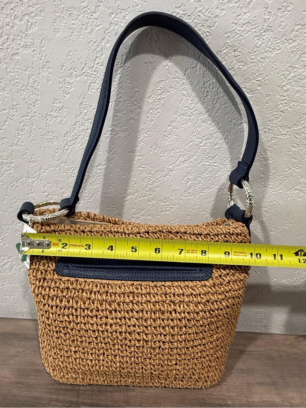 Brighton - Straw Woven Shoulder Bag with Navy Trim and Heart Charm - Picture 3 of 8